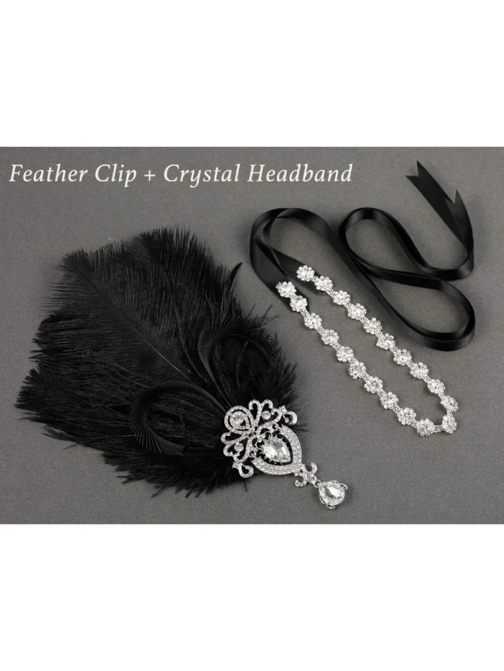 1920s Black Feather Headband with Crystals | Great Gatsby Hair Accessory for